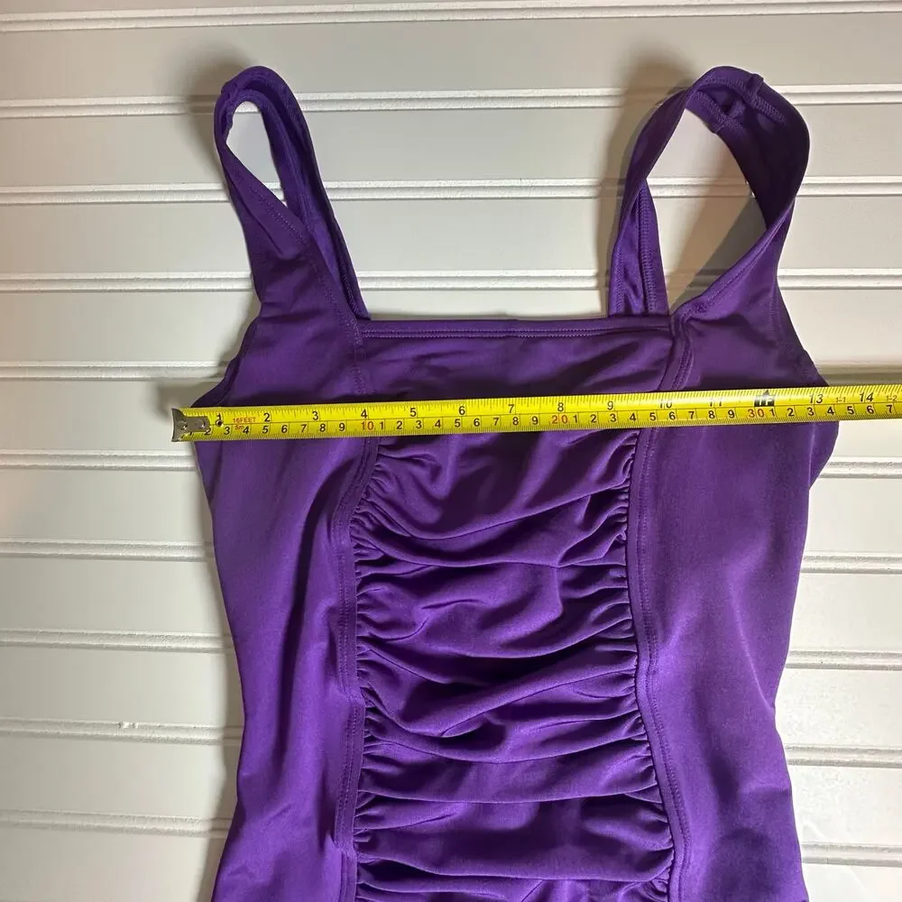 Women Purple One Piece Swimsuit Ruched Front Full Coverage Stretch Size M